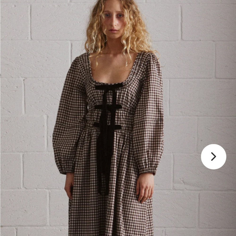 Damson Madder DAKOTA BOW MIDI DRESS - CHOCOLATE CHECK